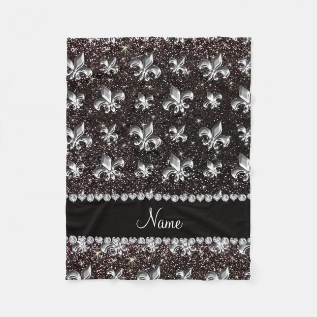 Personalised name fleur de lis black glitter fleece blanket (Front)