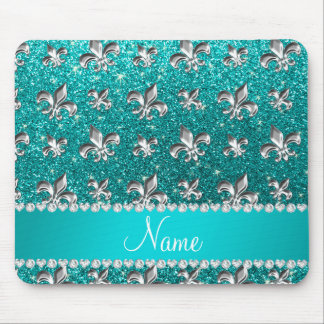 Personalised name fleur de lis bright aqua glitter mouse pad