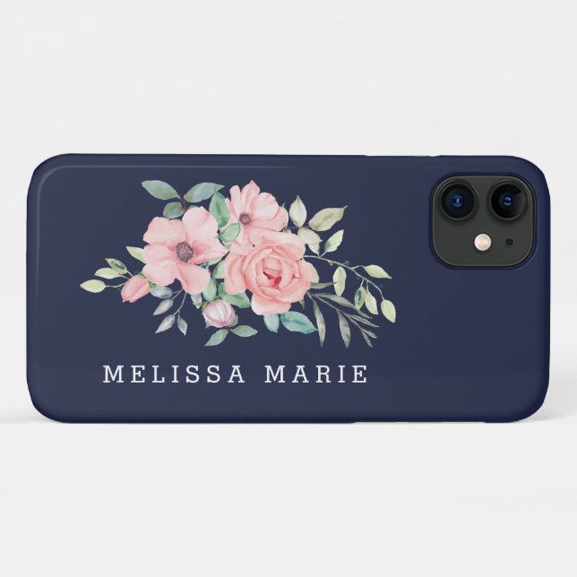 Personalised Name Floral Blush Navy Case-Mate iPhone Case (Back (Horizontal))