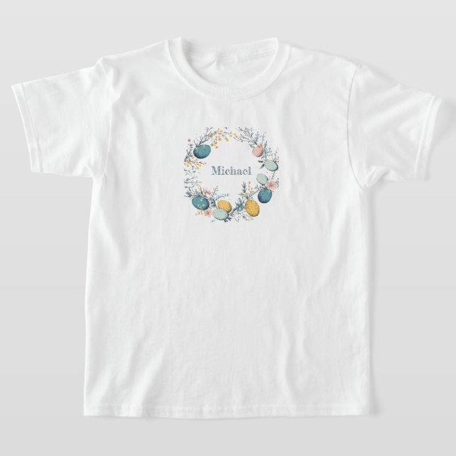 Personalised Name Floral Egg Wreath Easter T-Shirt (Laydown)