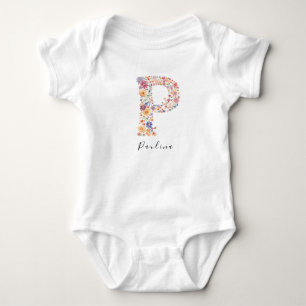 Personalised Name &Floral Monogram 'P' Baby Bodysuit