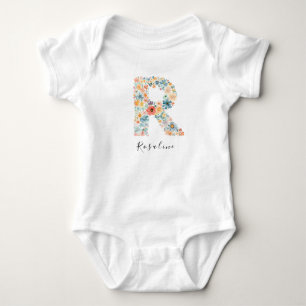 Personalised Name &Floral Monogram 'R' Baby Bodysuit