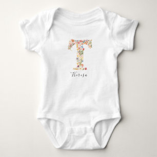Personalised Name &Floral Monogram 'T' Baby Bodysuit
