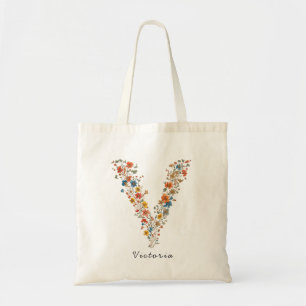 Personalised Name & Floral Monogram 'V' Tote Bag