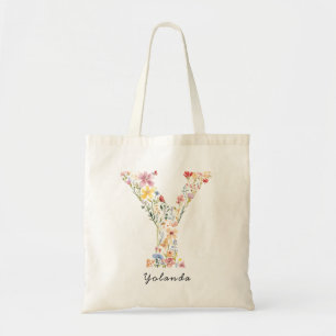 Personalised Name & Floral Monogram 'Y' Tote Bag