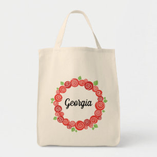 Personalised name floral romantic red roses wreath tote bag
