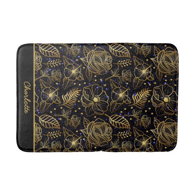 Personalised name floral seamless pattern gold bath mat (Front)