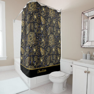 Personalised name floral seamless pattern gold shower curtain