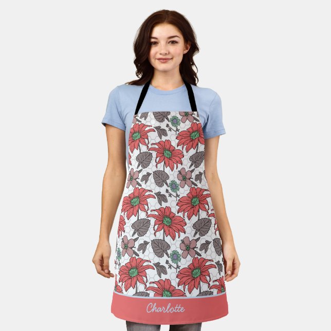 Personalised name floral seamless pattern pink  apron (Worn)