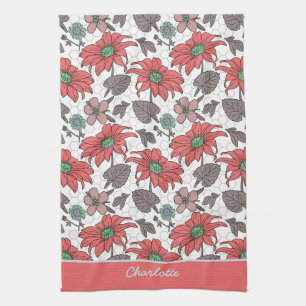 Personalised name floral seamless pattern pink tea towel