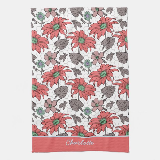 Personalised name floral seamless pattern pink tea towel (Vertical)