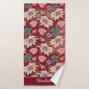 Personalised name floral seamless pattern red bath towel