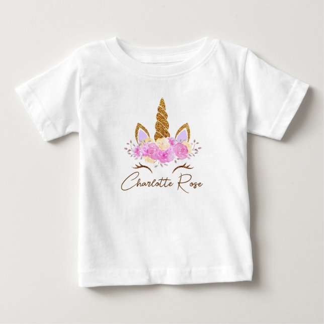 Personalised Name Floral Unicorn Girls  Baby T-Shirt (Front)