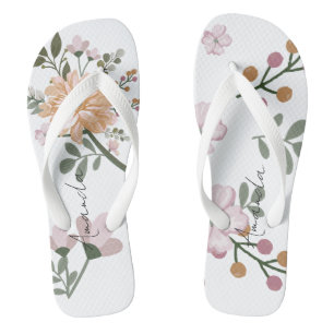 Personalised Name Floral  White Flip Flops
