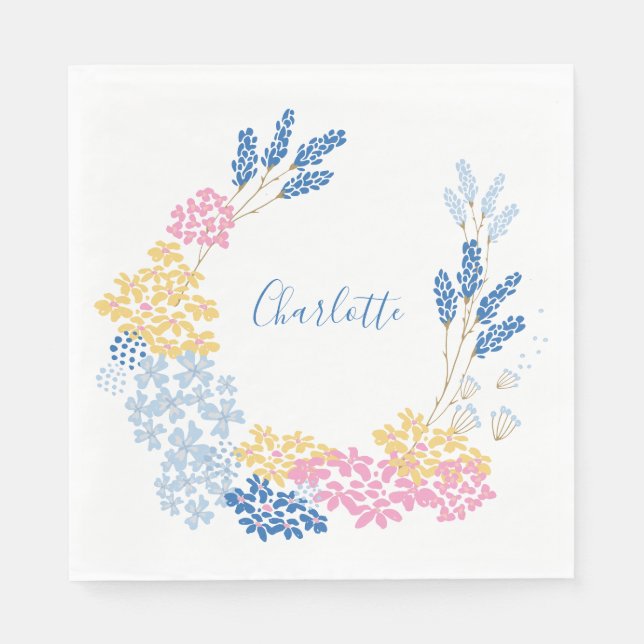 Personalised Name Floral Wreath Pastel Pink Blue Napkin (Front)
