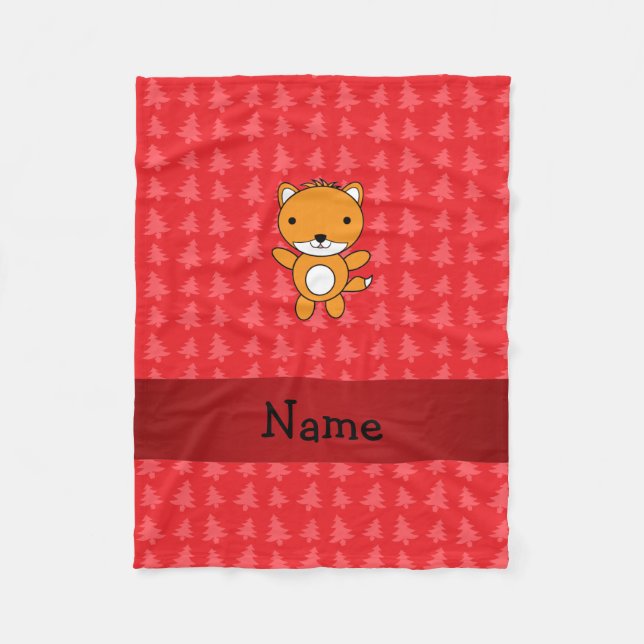 Personalised name fox red christmas trees fleece blanket (Front)