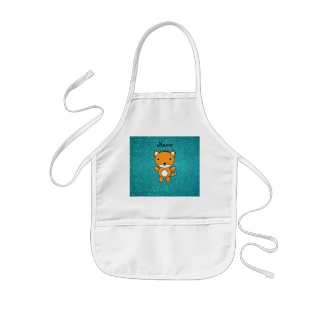 Personalised name fox turquoise glitter kids apron (Front)