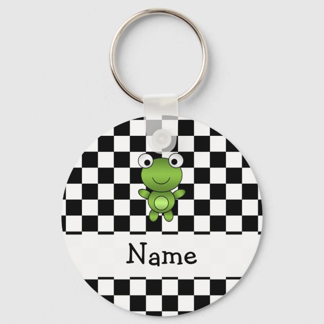 Personalised name frog black and white checkers key ring (Front)