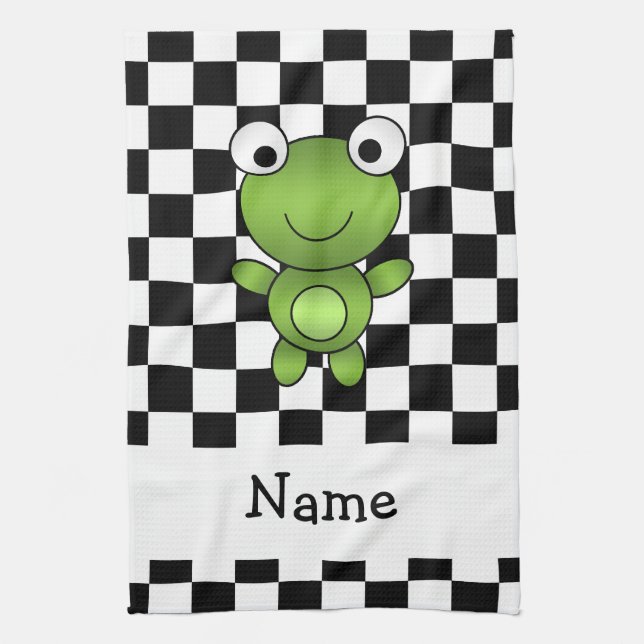 Personalised name frog black and white checkers tea towel (Vertical)