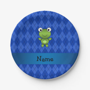 Personalised name frog blue argyle paper plate