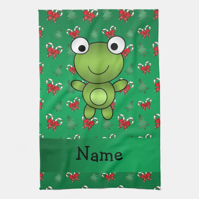 Personalised name frog green candy canes bows tea towel (Vertical)