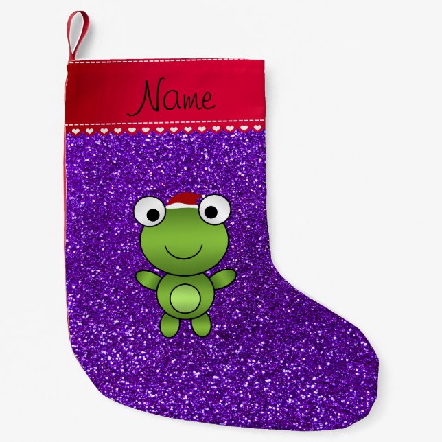 Personalised name frog indigo purple glitter small christmas stocking (Front)