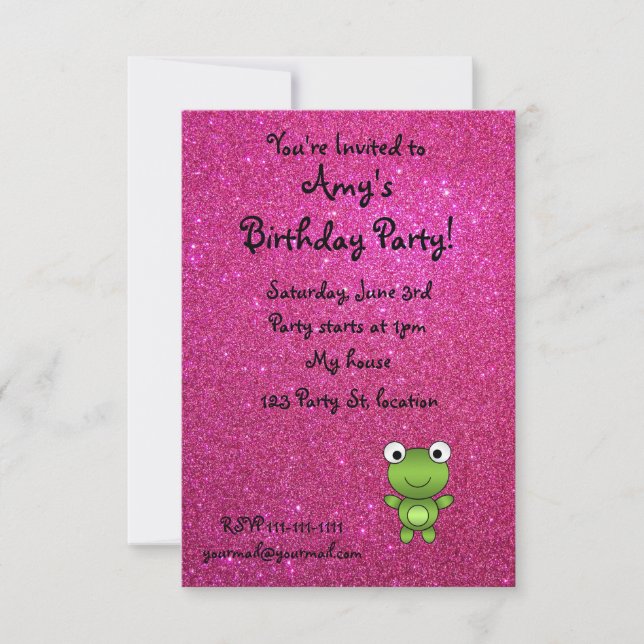 Personalised name frog pink glitter invitation (Front)