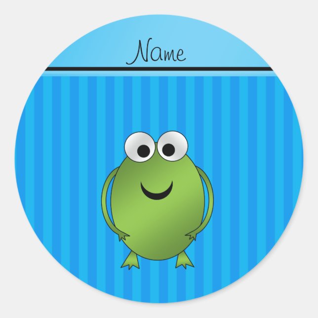 Personalised name frog sky blue stripes classic round sticker (Front)