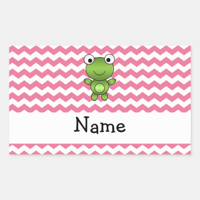 Personalised name frog white and pink chevrons rectangular sticker (Front)