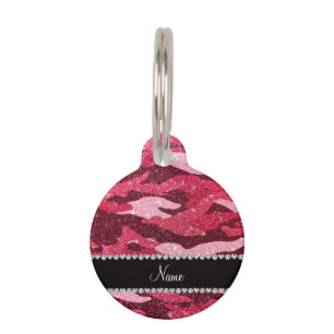 Personalised name fuchsia pink glitter camouflage pet tag