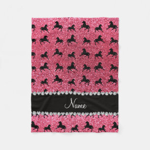 Personalised name fuchsia pink glitter horses fleece blanket