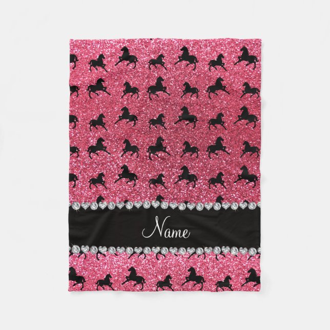 Personalised name fuchsia pink glitter horses fleece blanket (Front)