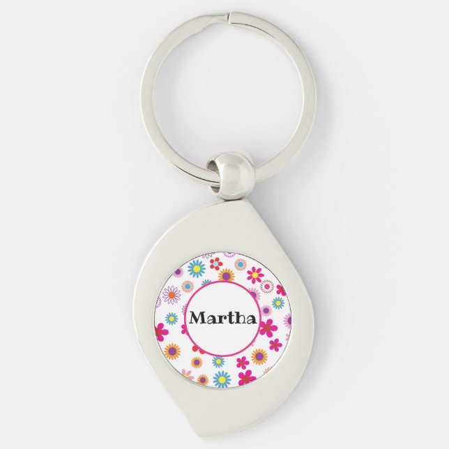 Personalised Name Fun Colourful Happy Flowers  Key Ring (Front)