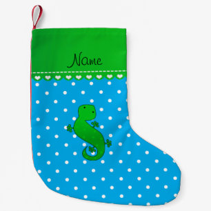 Personalised name gecko blue polka dots small christmas stocking