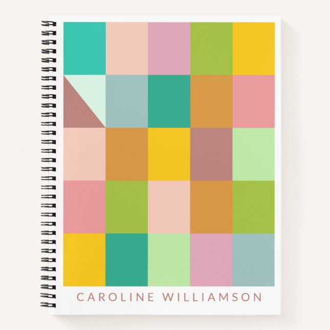 Personalised Name Geometric Patchwork Spring Green Notebook (Front)