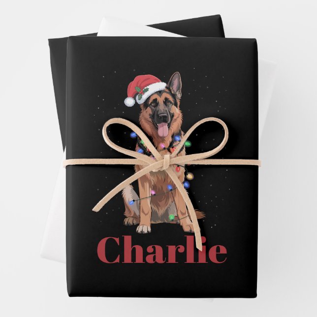 Personalised Name German Shepherd Christmas Dog Wrapping Paper Sheet (In situ)