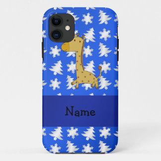Personalised name giraffe blue snowflakes trees iPhone 11 case