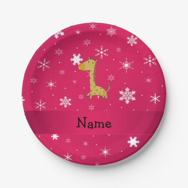 Personalised name giraffe pink snowflakes paper plate (Front)
