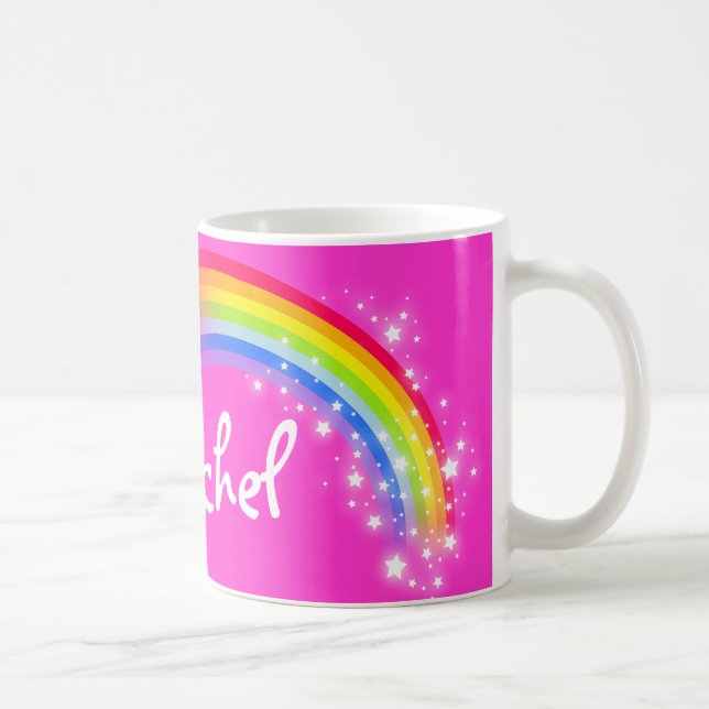 Personalised name girls rachel rainbow pink mug (Right)