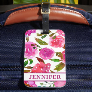 Personalised Name Girly Purple Watercolor Floral Luggage Tag