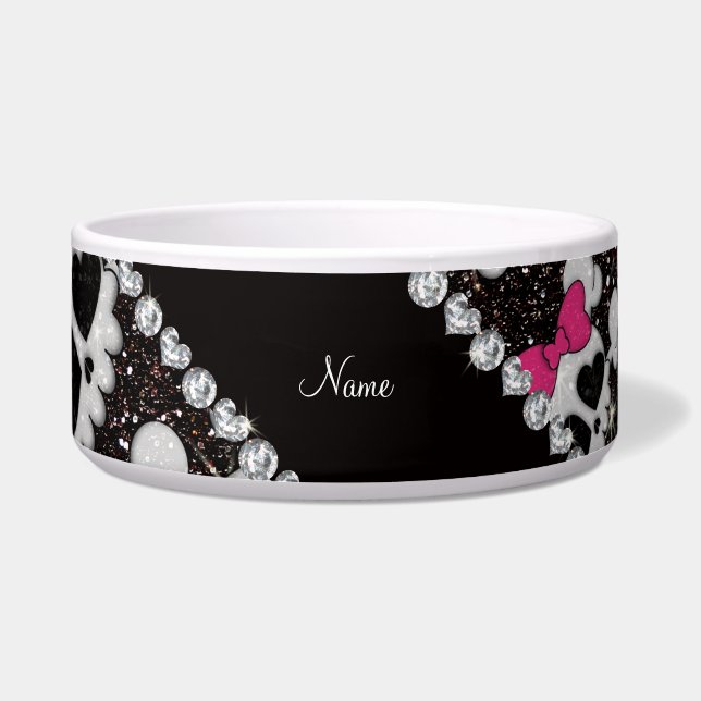 Personalised name glitter black skulls pink bows (Front)