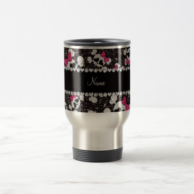 Personalised name glitter black skulls pink bows travel mug (Center)