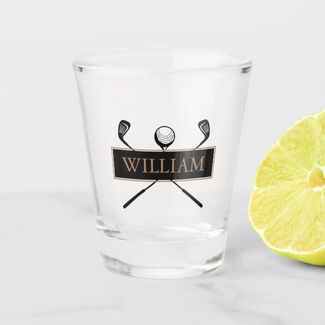 Personalised Name Gold and Black Golf Clubs Shot Glass (Front)