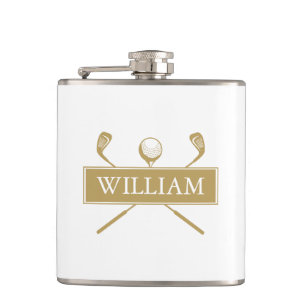 Personalised Name Gold And White Clubs And Ball Hip Flask