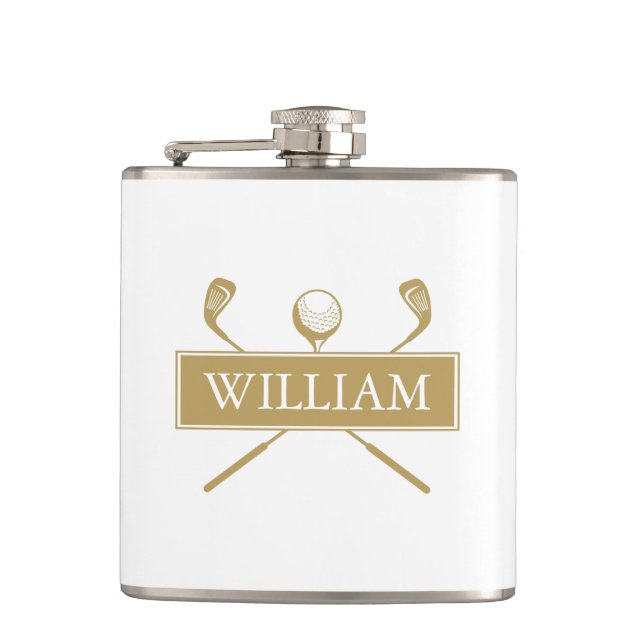 Personalised Name Gold And White Clubs And Ball Hip Flask (Front)