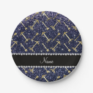 Personalised name gold arrows navy blue glitter paper plate