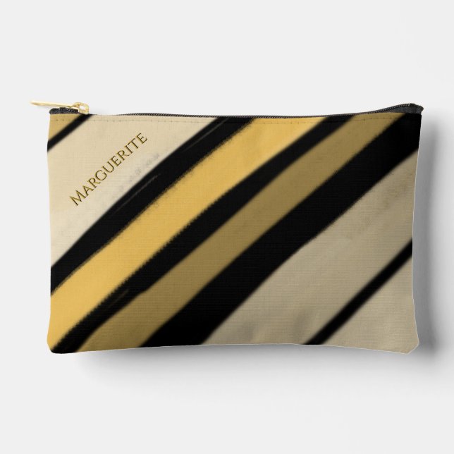 Personalised Name Gold Black Cream Stripes Accessory Pouch (Front)
