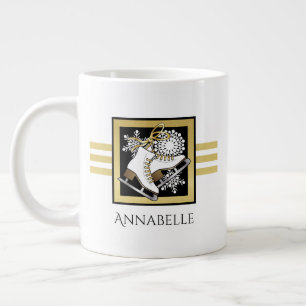 Personalised Name Gold Black White Ice Skating Large Coffee Mug