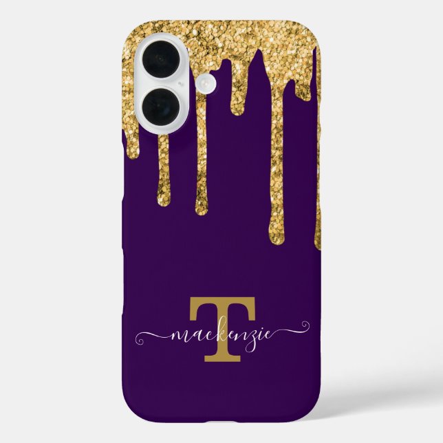 Personalised Name Gold Fake Glitter Drip Monogram Case-Mate iPhone Case (Back)