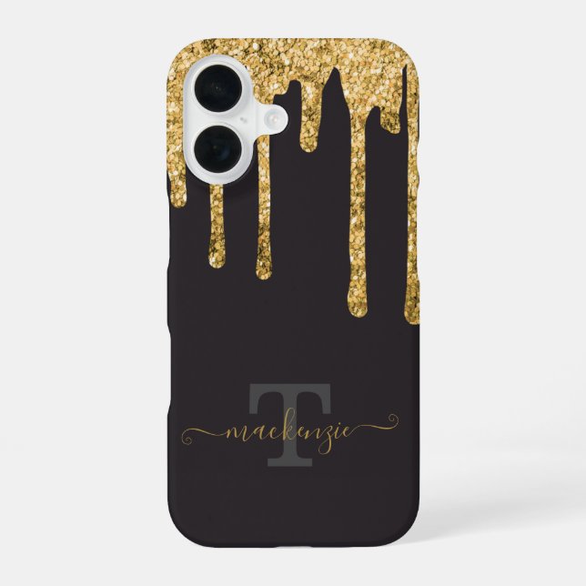 Personalised Name Gold Fake Glitter Drip Monogram iPhone 16 Case (Back)